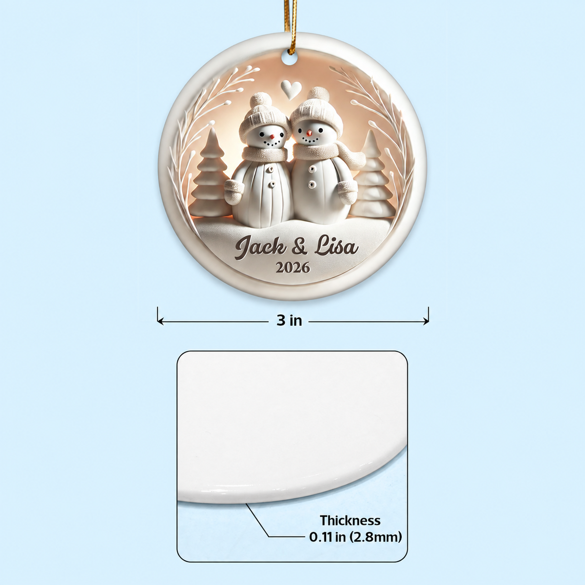 Snowman Couple White Christmas Ceramic Ornament, Personalized Couple 3D Effect Ornament, Christmas Gift For Married Engaged Couples, For Couples