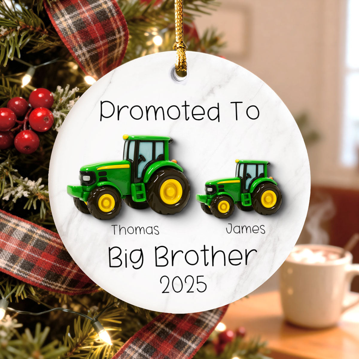 Promoted To Big Brother Big Sister Tractors - Personalized Ceramic Ornament - Proud New Big Siblings Gift
