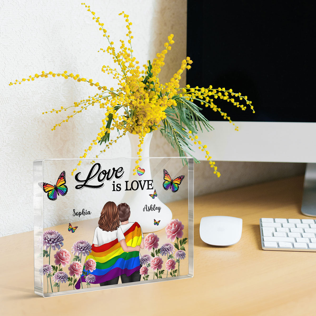 Pride Month LGBT Couple Birth Month Flowers Personalized Rectangle Acrylic Block Plaque, Gift For Couple