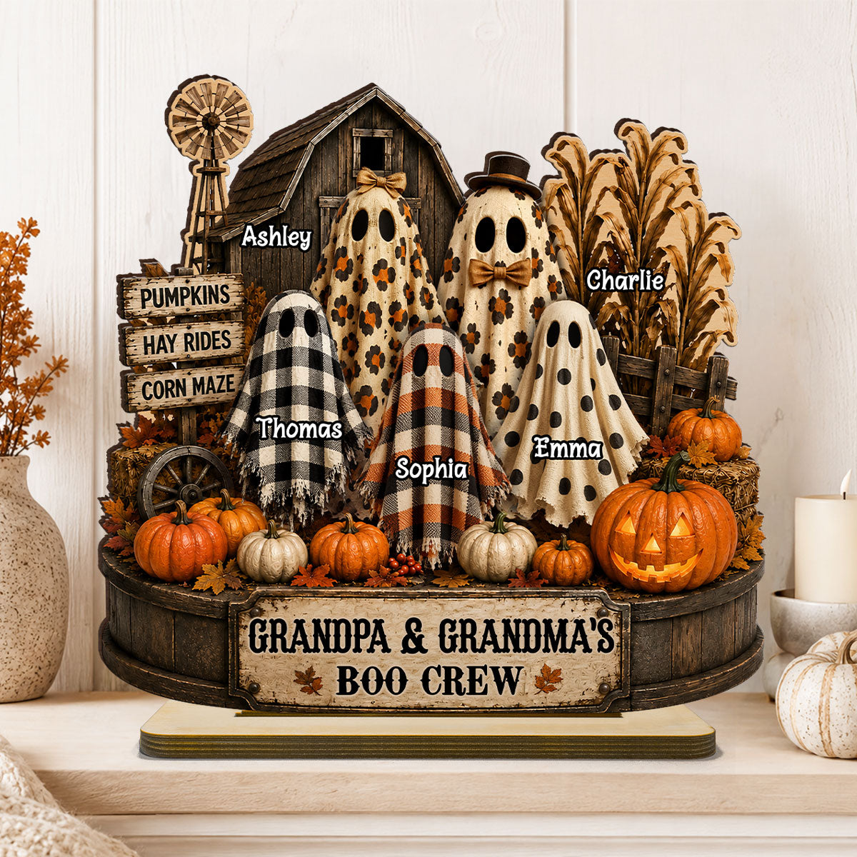 Grandma Grandpa's Boo Crew Pumpkin Patch - Personalized 2-Layered Wooden Plaque - Halloween Fall Decor for Grandparents