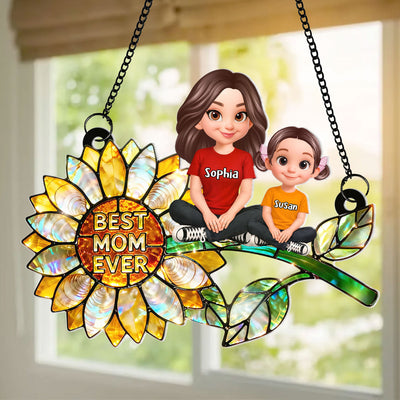 Sunflower Mom and Kids Sitting - Personalized Window Hanging Suncatcher - Mother's Day Gift for Mom, Wife
