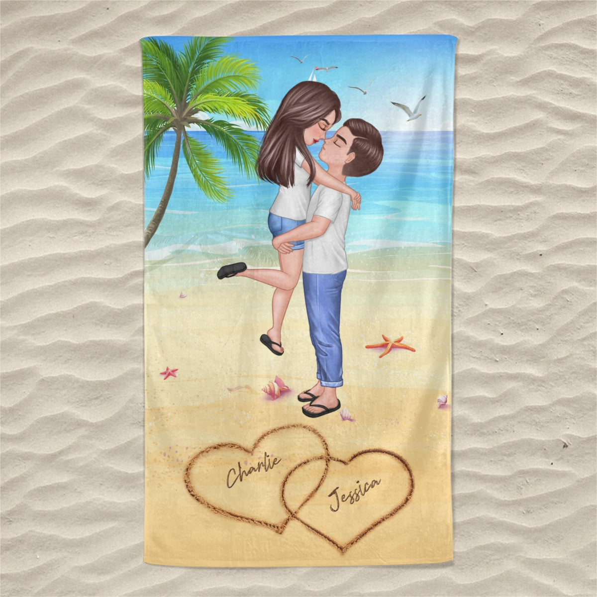 Summer Doll Couple Kissing Hugging Personalized Beach Towel