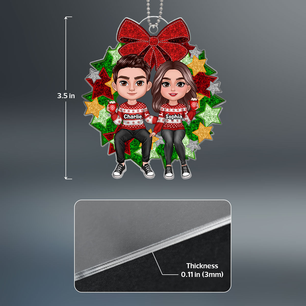 Christmas Couple Sitting On Faux Sequin Wreath Personalized Acrylic Ornament