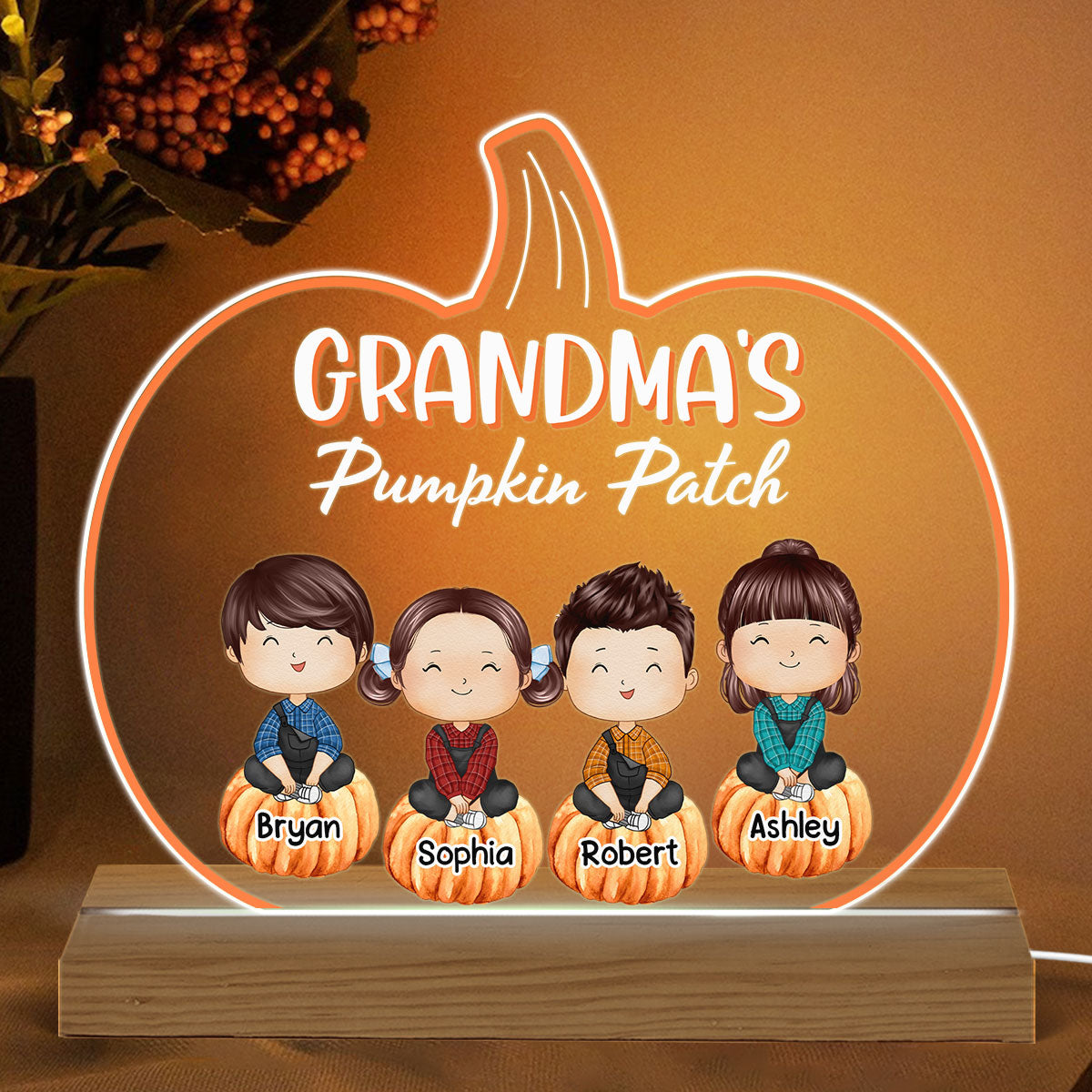 Grandma‘s Pumpkin Patch Watercolor Cute Kids Fall Season Gift Personalized Pumpkin Shaped Acrylic Plaque With Warm LED Night Light