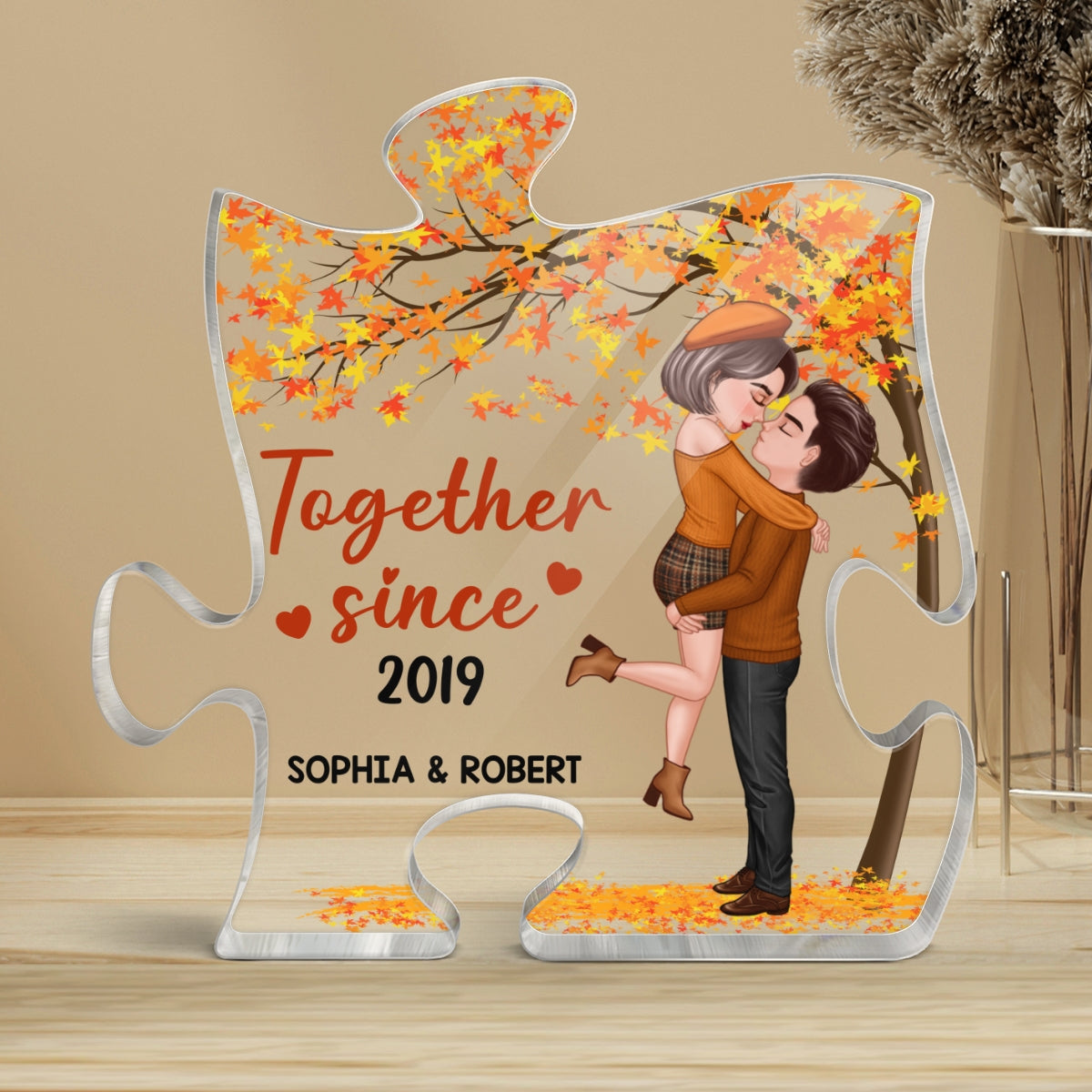 Couple Hugging Kissing Missing Piece Fall Season Autumn Personalized Acrylic Puzzle Plaque
