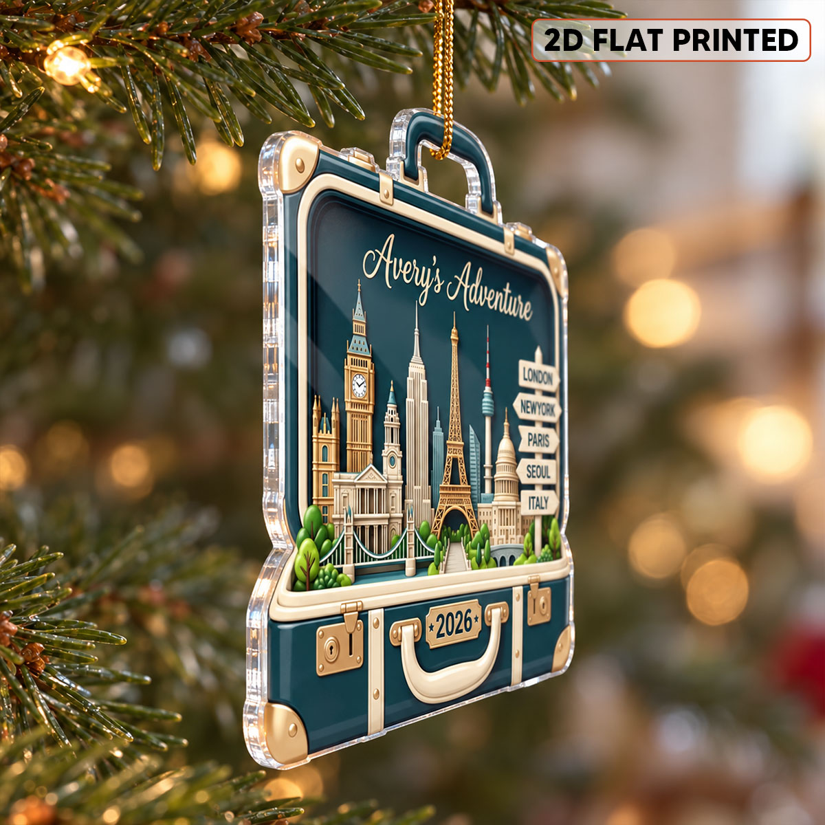 Custom Travel Adventure Suitcase 2D Flat Printed - Personalized Acrylic Ornament - Traveling Destination Keepsake, Christmas Gift For Traveling Lovers
