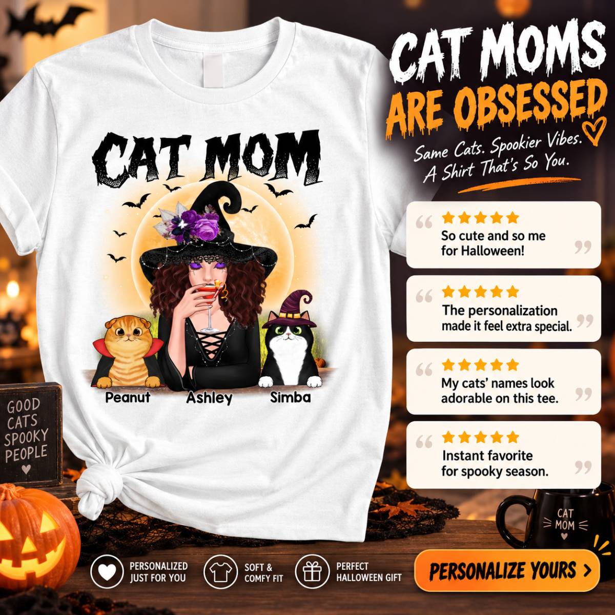 Halloween Witch Cat Mom - Personalized Shirt - Halloween Gift For Cat Lovers