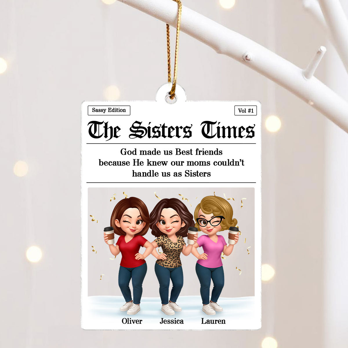 Newspaper Besties Sisters Friends Personalized Acrylic Ornament, Christmas Gift