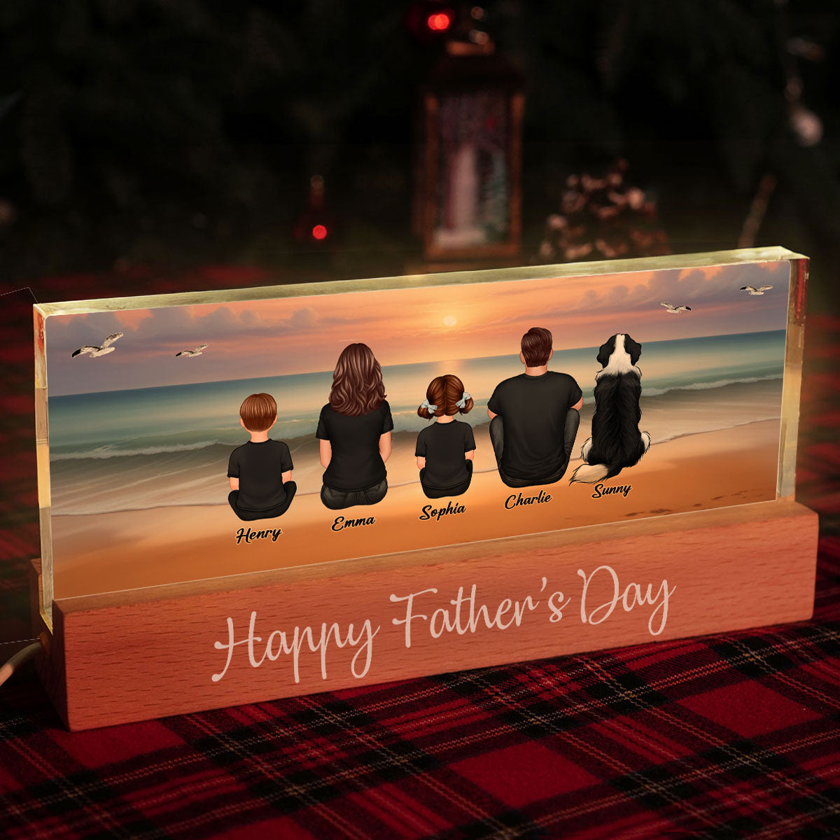 Eternal Family Love Beach Landscape - Personalized Acrylic Block Plaque LED Night Light - Gift For Dad, Gift For Husband, Gift For Grandpa