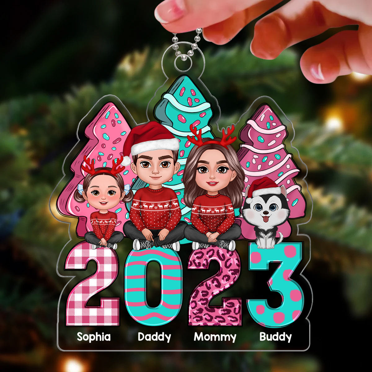 Pink And Teal Christmas Tree Cake Family Sitting Personalized Acrylic Ornament