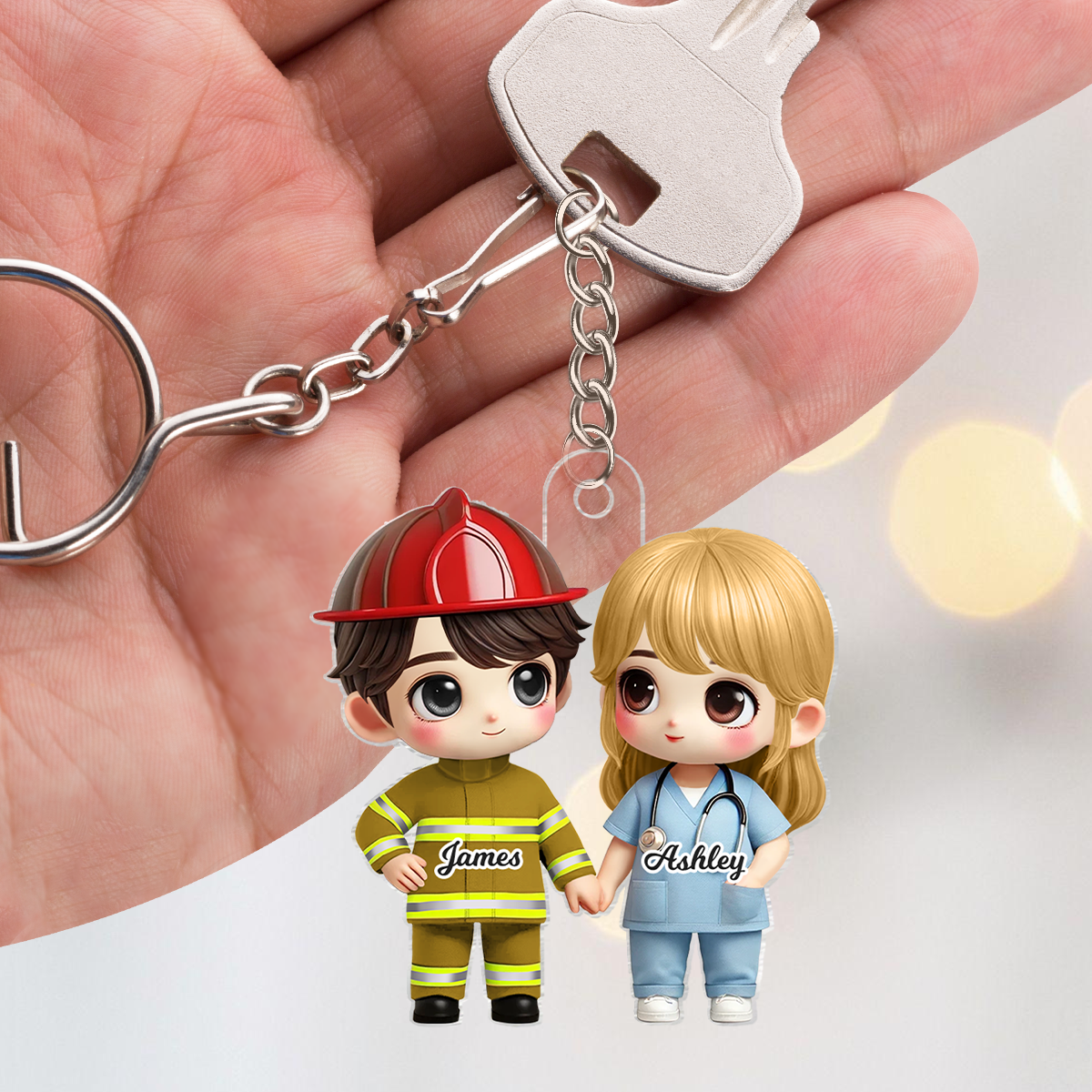 3D Effect Cute Cartoon Couple Gift by Occupation Gift For Her Gift For Him Personalized Acrylic Keychain, Anniversary Gift For Couple