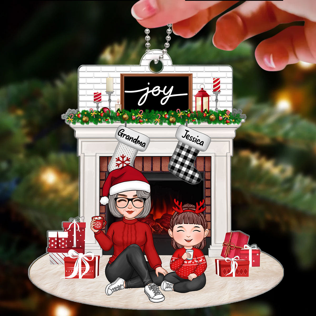 Cute Grandpa Grandma Grandkid Sitting At Christmas Fireplace Personalized Acrylic Ornament