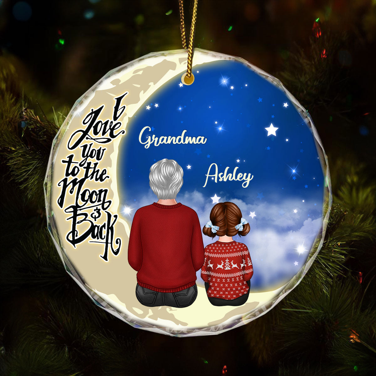 Grandma Grandkids On Moon Personalized Glass Ornament, Christmas Gift for Grandkids, Granddaughter Grandson, Gift for Grandma