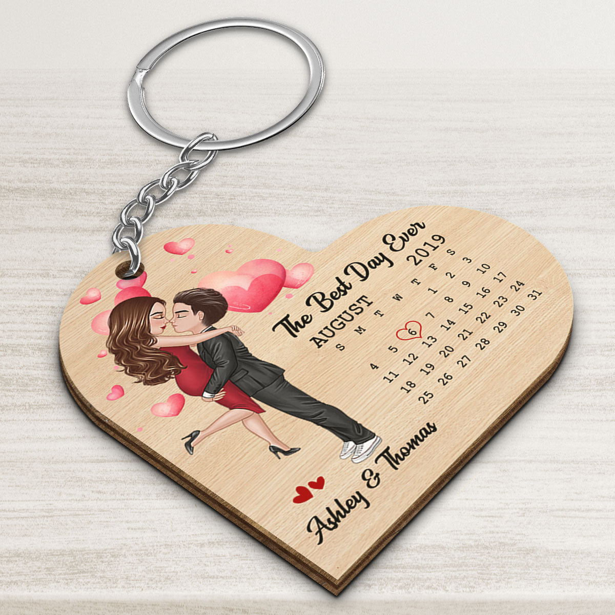 Doll Couple Hugging Kissing Calendar Anniversary Date Heart Shaped Personalized Wooden Keychain