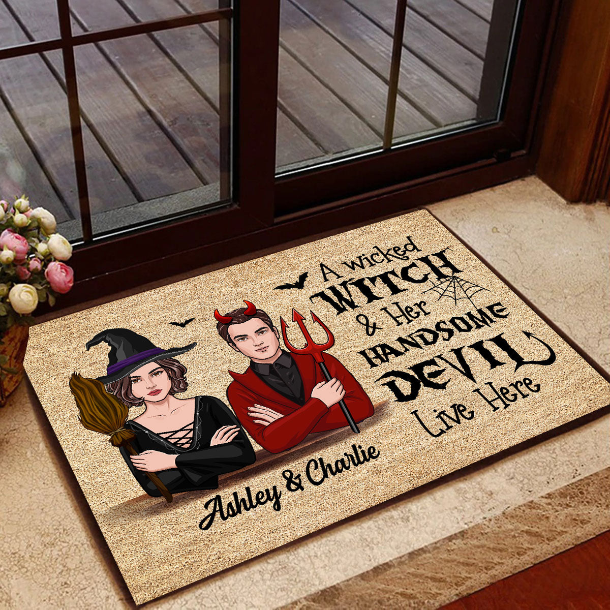 Wicked Witch And Handsome Devil Live Here Halloween Couple Vector Personalized Doormat