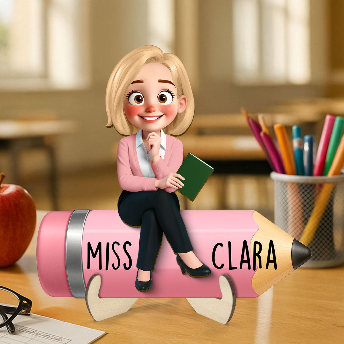Cute Cartoon Teacher Sitting On Pencil Personalized 2-Layer Wooden Plaque, Gift For Teacher