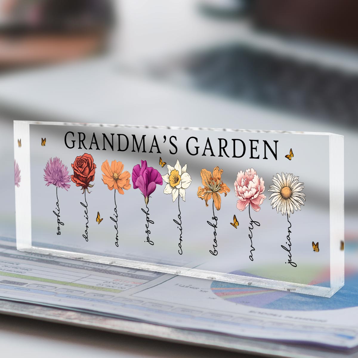Grandma‘s Garden Love Grows Here Birth Month Flower Personalized Acrylic Desk Name Plate, Gift For Grandma, Mom