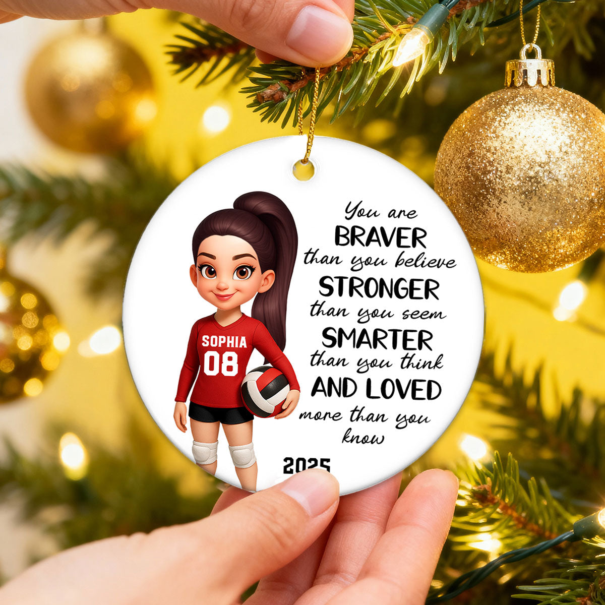 Christmas Volleyball Player Emotional Support You Are Braver Than You Think - Personalized Ceramic Ornament