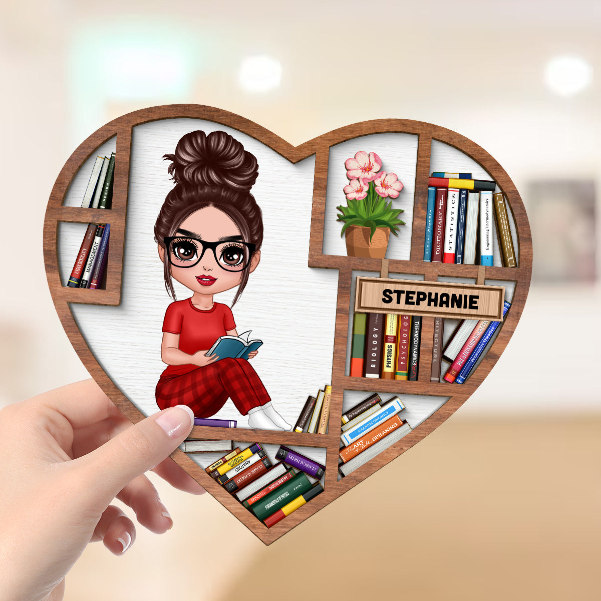 Reading Book Girl Bookshelf Heart Personalized 2-layer Wooden Plaque