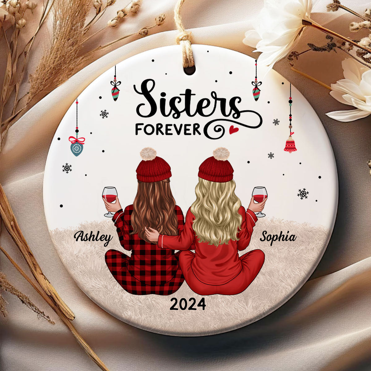 Back View Pajamas Sisters Forever Personalized Ceramic Ornament, Christmas Gift For Sisters