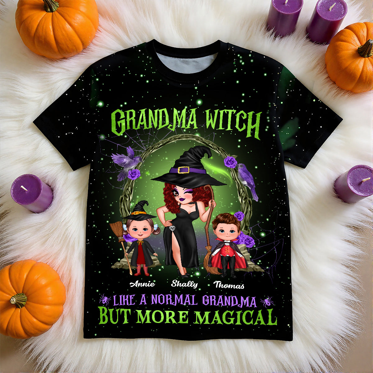 Purple And Green Pretty Grandma Witch & Kids Personalized Shirt, Halloween Costume for Grandma