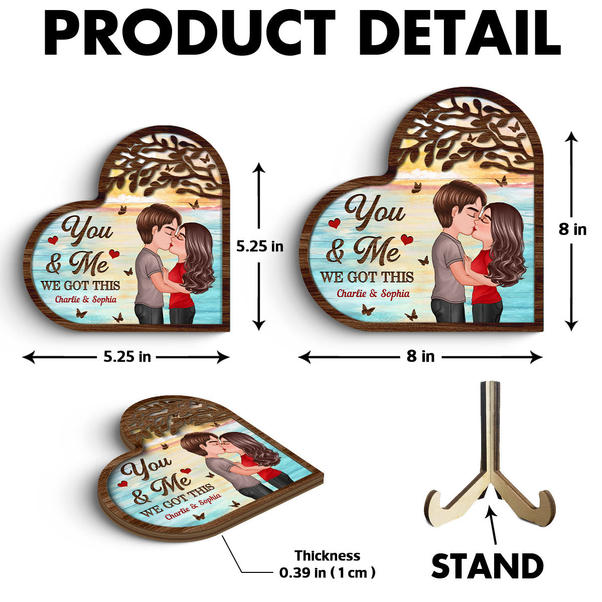 Couple Kissing Under Tree Heart Shaped  Gift For Him For Her Personalized 2-Layer Wooden Plaque