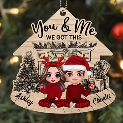 Doll Couple Sitting At Fireplace Sketch Personalized Wooden Ornament
