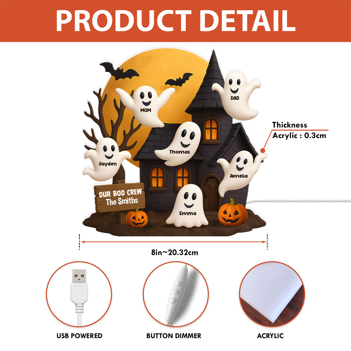 Halloween Boo Family Haunted House Personalized Light Box, Halloween Home Tabletop, Tiered Tray, Shelf Sitter Decoration