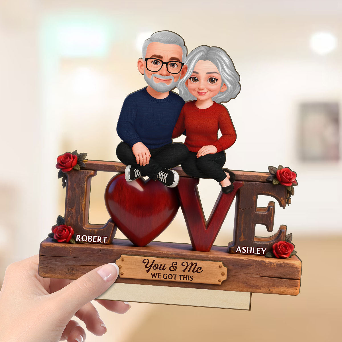 Roses LOVE Couple Sitting Embracing - Personalized 2-Layered Wooden Plaque - Valentine's Day Gift For Couple, For Him, For Her