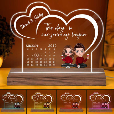 Doll Couple Sitting Anniversary Date Calendar Two Hearts Personalized Acrylic Plaque With LED Night Light