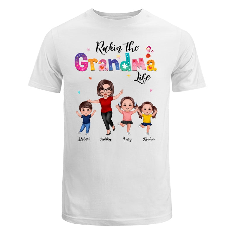 Colorful Floral Pattern Rockin‘ The Grandma Life Happy Doll Grandma & Grandkids Personalized Shirt