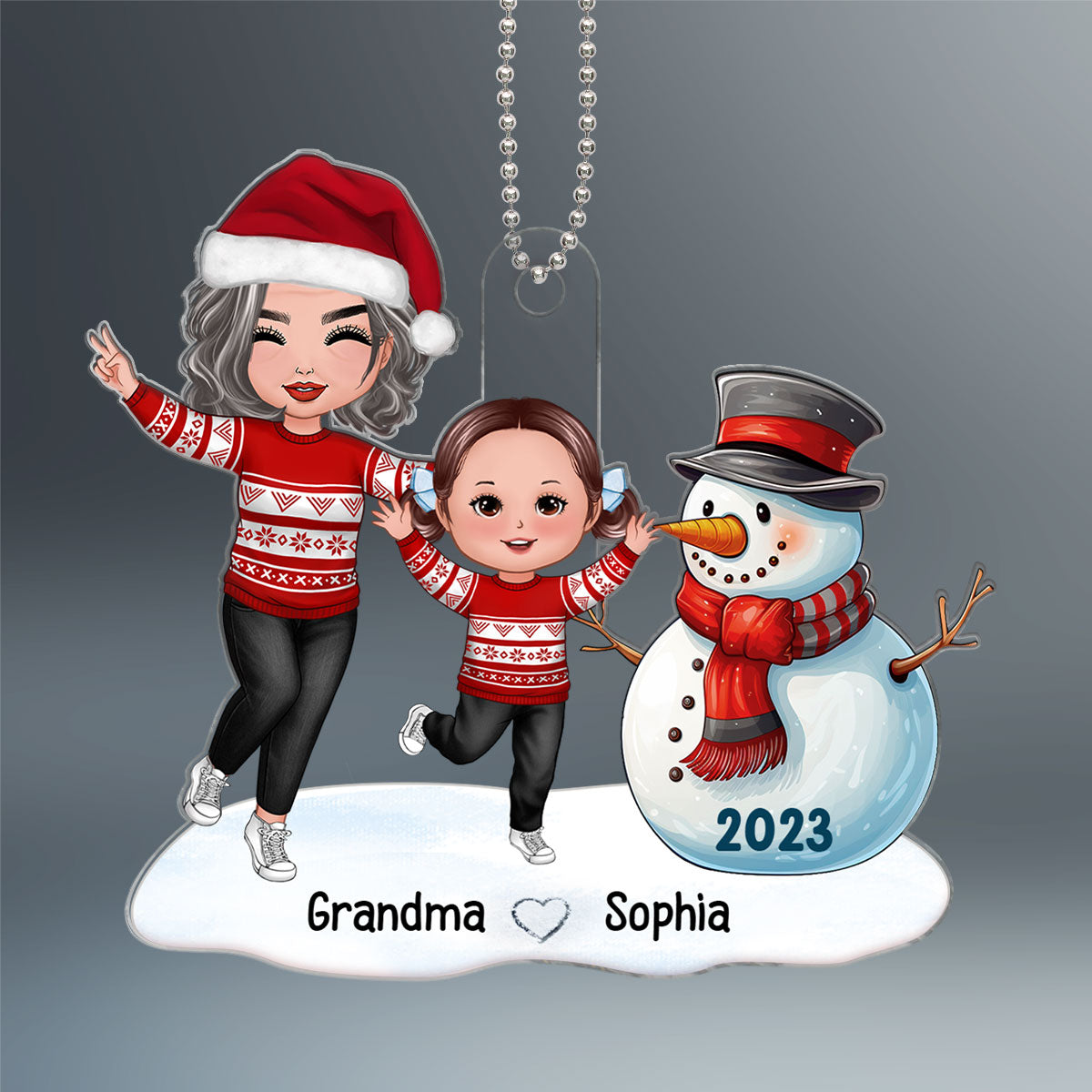 Happy Grandma Grandkid Building Snowman Gift For Grandson Granddaughter Personalized Acrylic Ornament