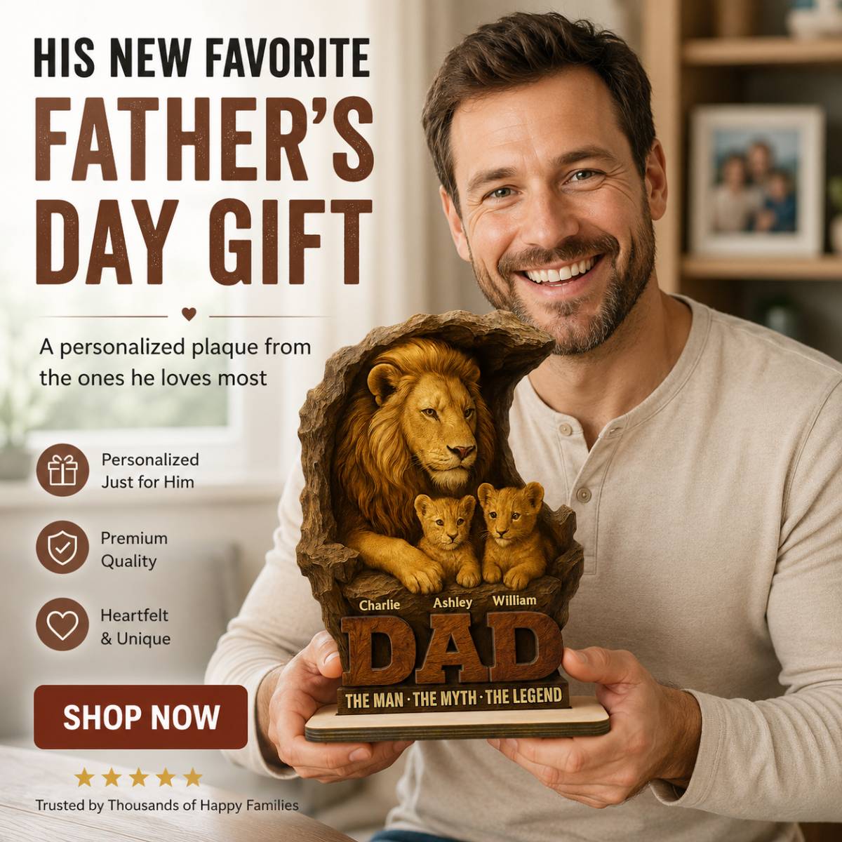 Lion Dad And Kids Personalized 2- Layer Standing Wooden Plaque, Unique Father's Day Gift For Dad