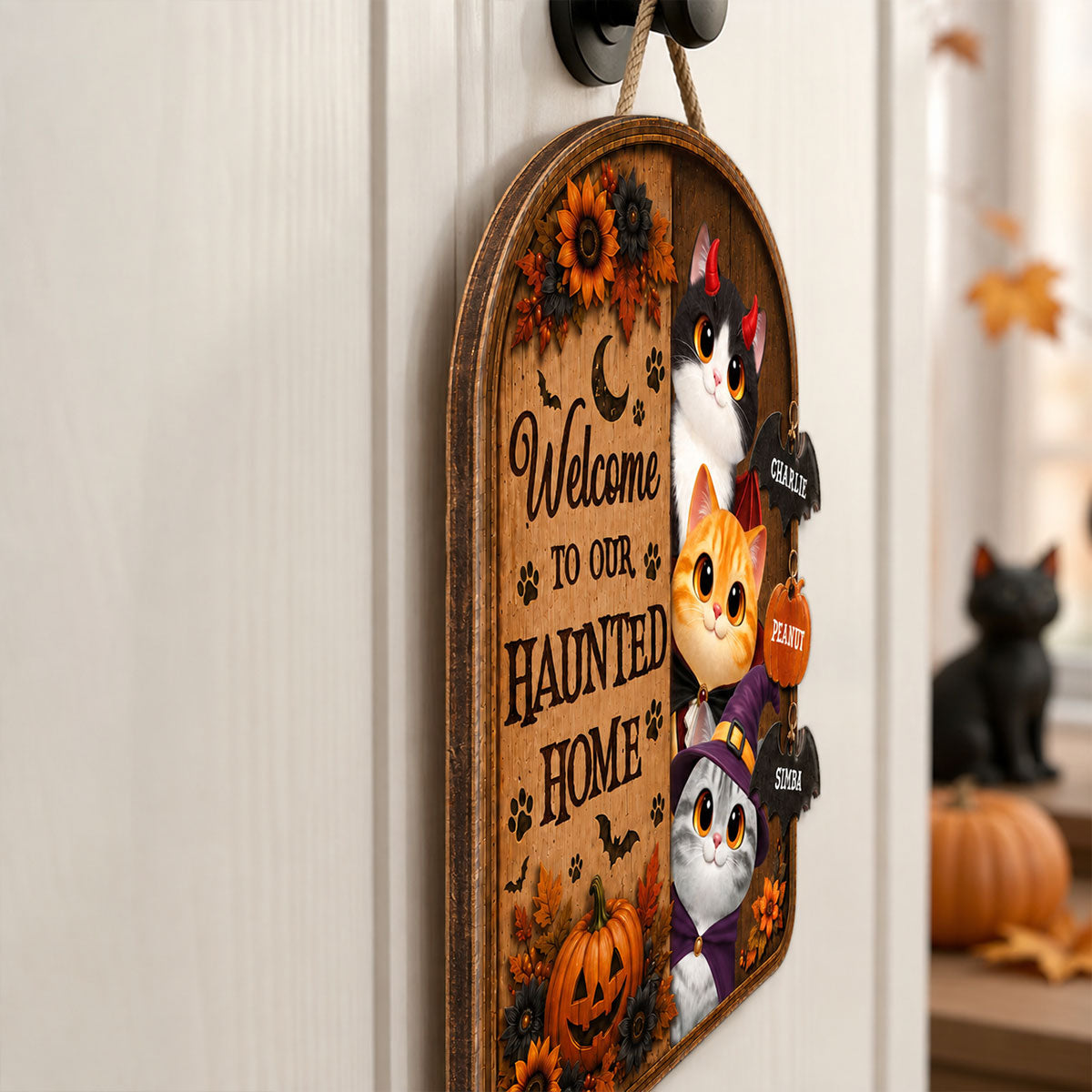 Happy Meowloween Peeking Cats 2D Flat - Personalized Door Sign - Halloween Decor For Cat Lovers