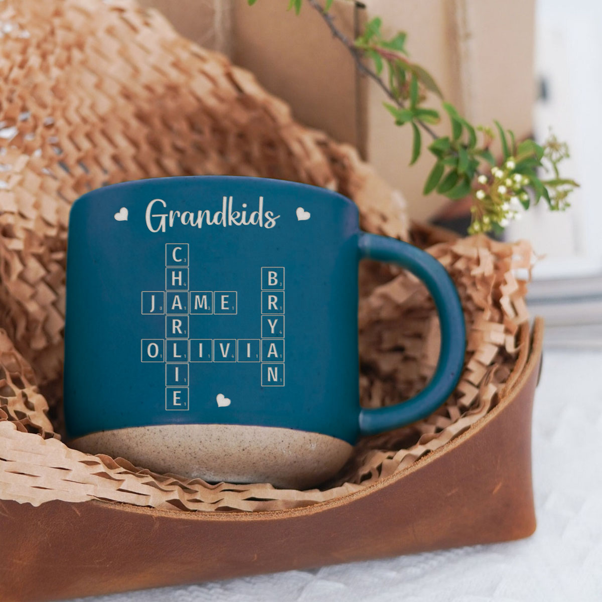 Grandkids Crossword Puzzle Art Personalized Engraved Pottery Mug, Christmas Gift For Grandma, Gift For Mom