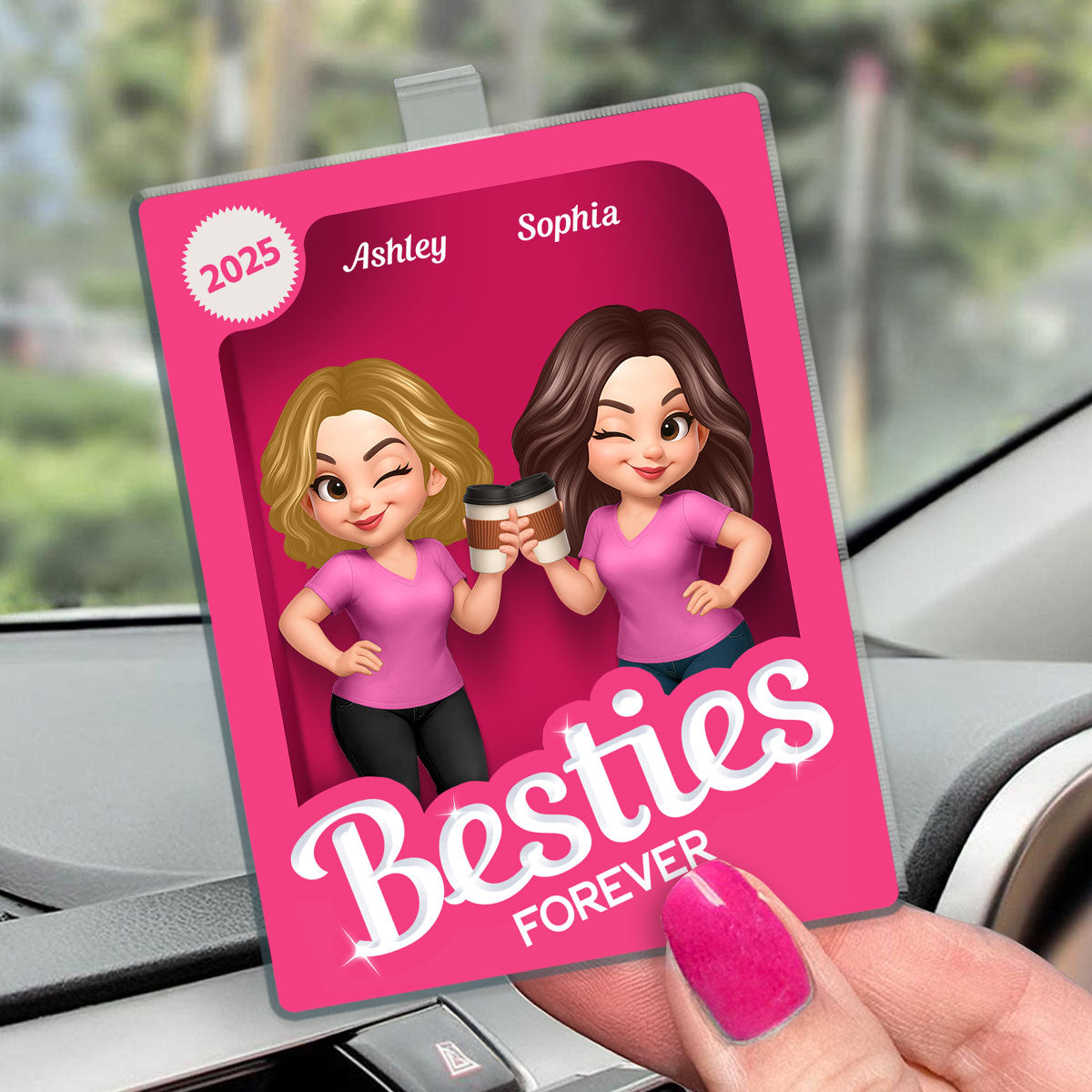 Besties Partners In Crime Pink Action Figure 3D Effect Personalized Acrylic Car Visor