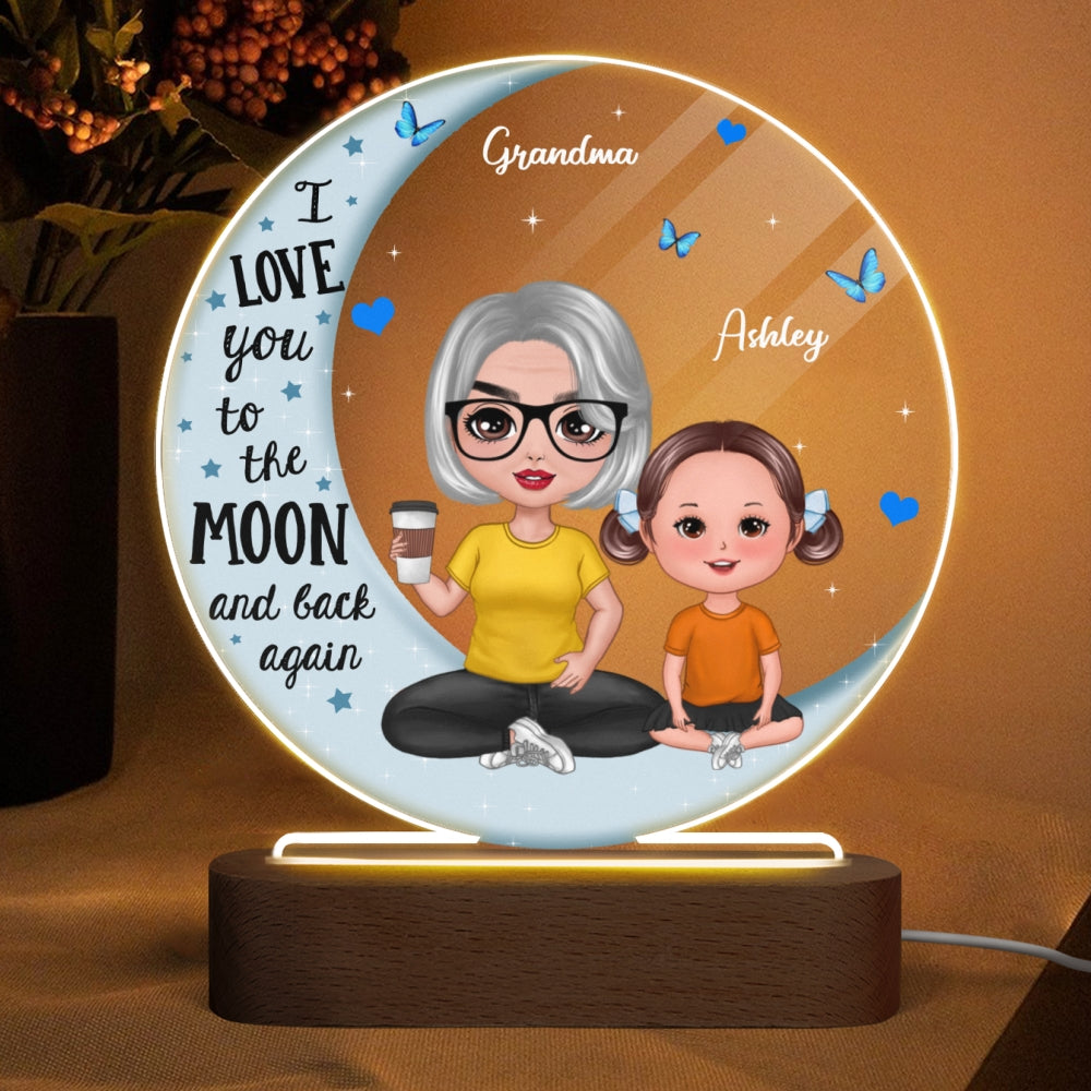 Doll Grandma & Grandkid On Moon Personalized Circle Acrylic Plaque With LED Night Light - Gift For Grandchildren