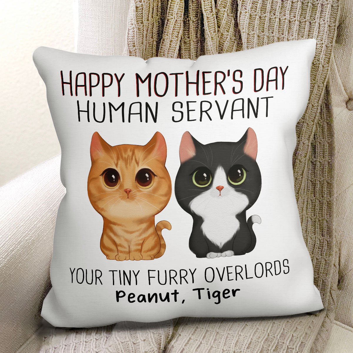 Watercolor Cute Cats Happy Mother‘s Day Cat Human Servant Personalized Pillow