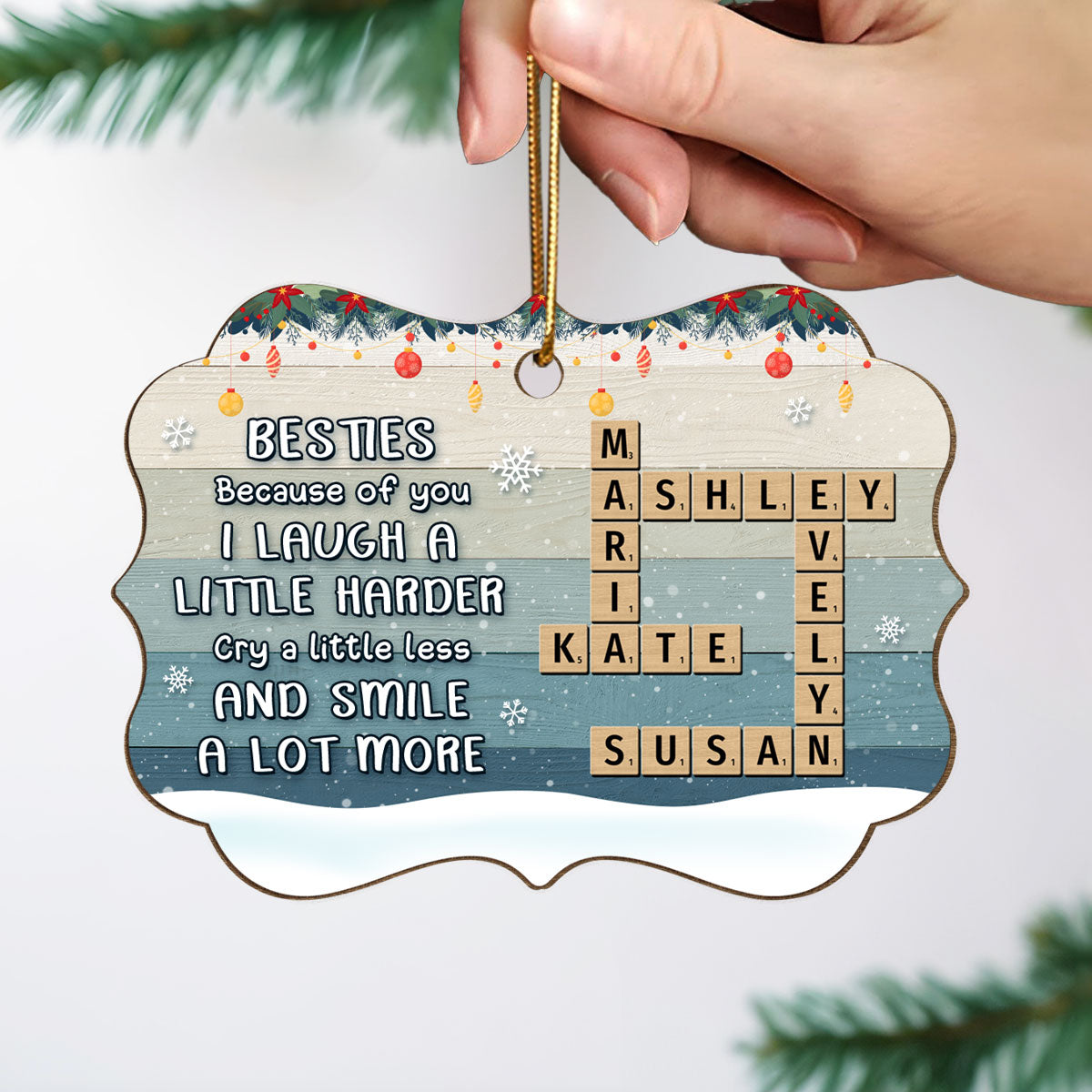 Besties Sisters Smile A Lot More Crossword Puzzle Art Personalized Wooden Ornament, Christmas Gift for Best Friends, Sisters