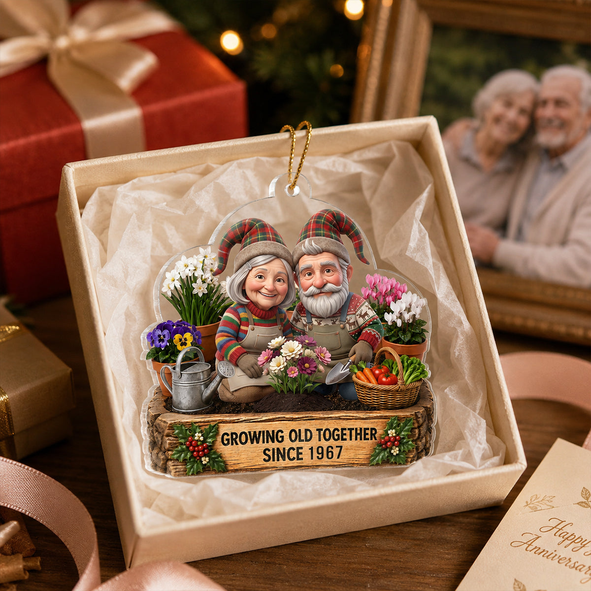 Garden Gnome Couple Growing Old Together - Personalized Acrylic Ornament - Christmas Gift for Him, for Her