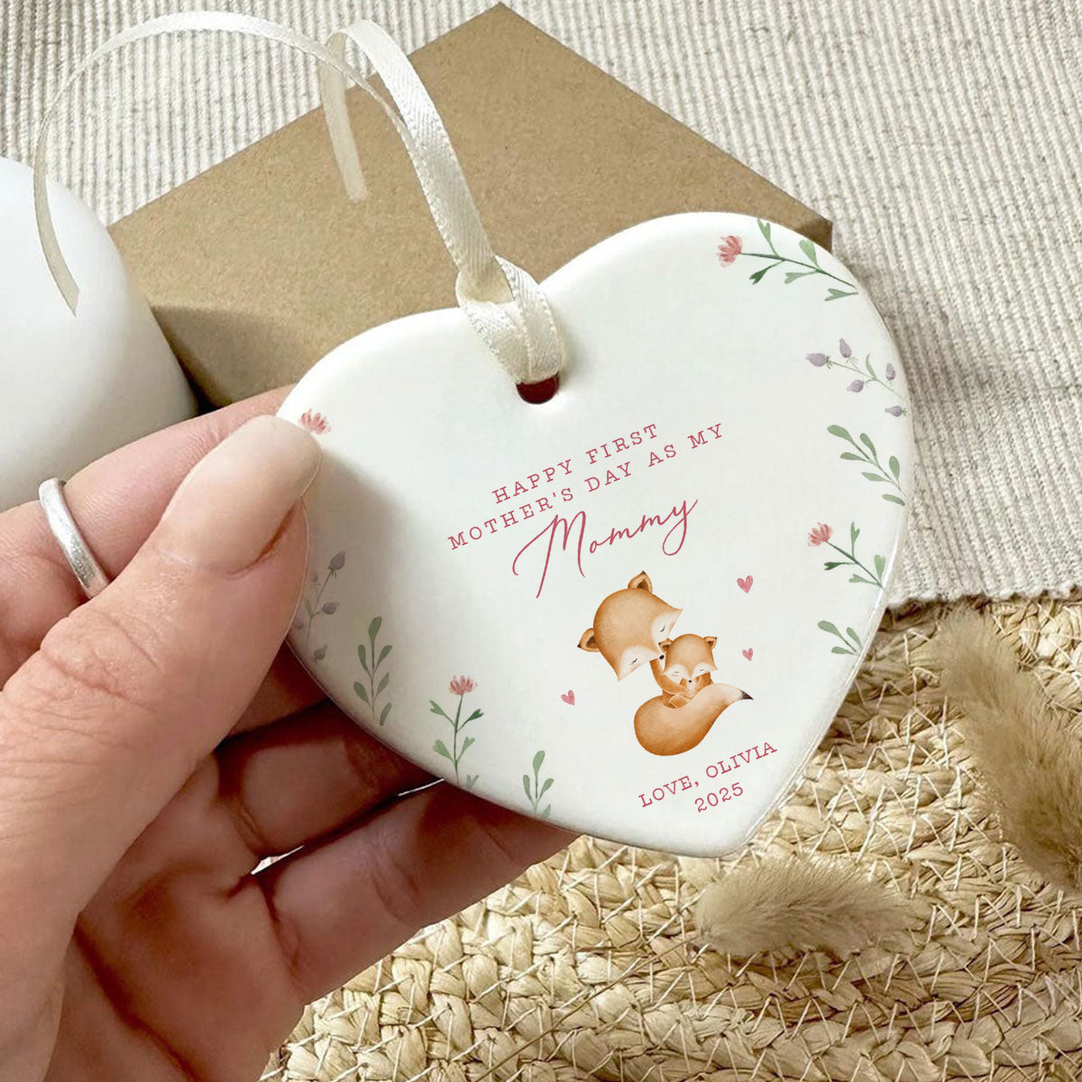 Cute Animals Personalized Heart Ceramic Ornament, Heartfelt First Gift for Mom, Gift for Grandma