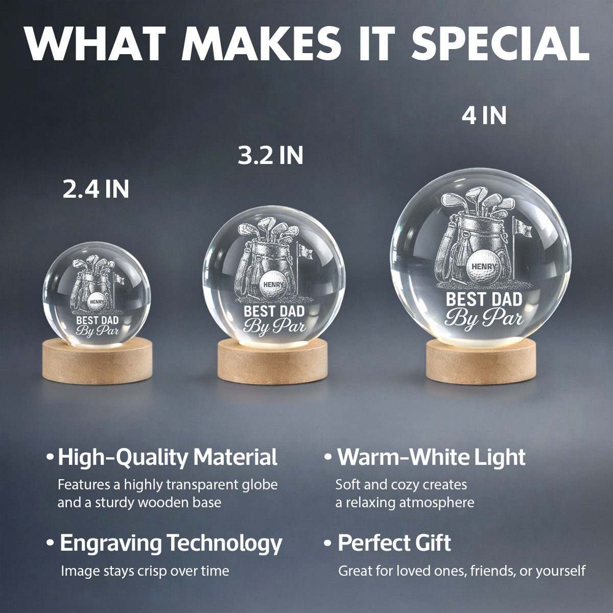 Best Dad By Par Golf Dad - Personalized Crystal Ball LED Night Light - Father's Day Gift For Dad, Golf Lover