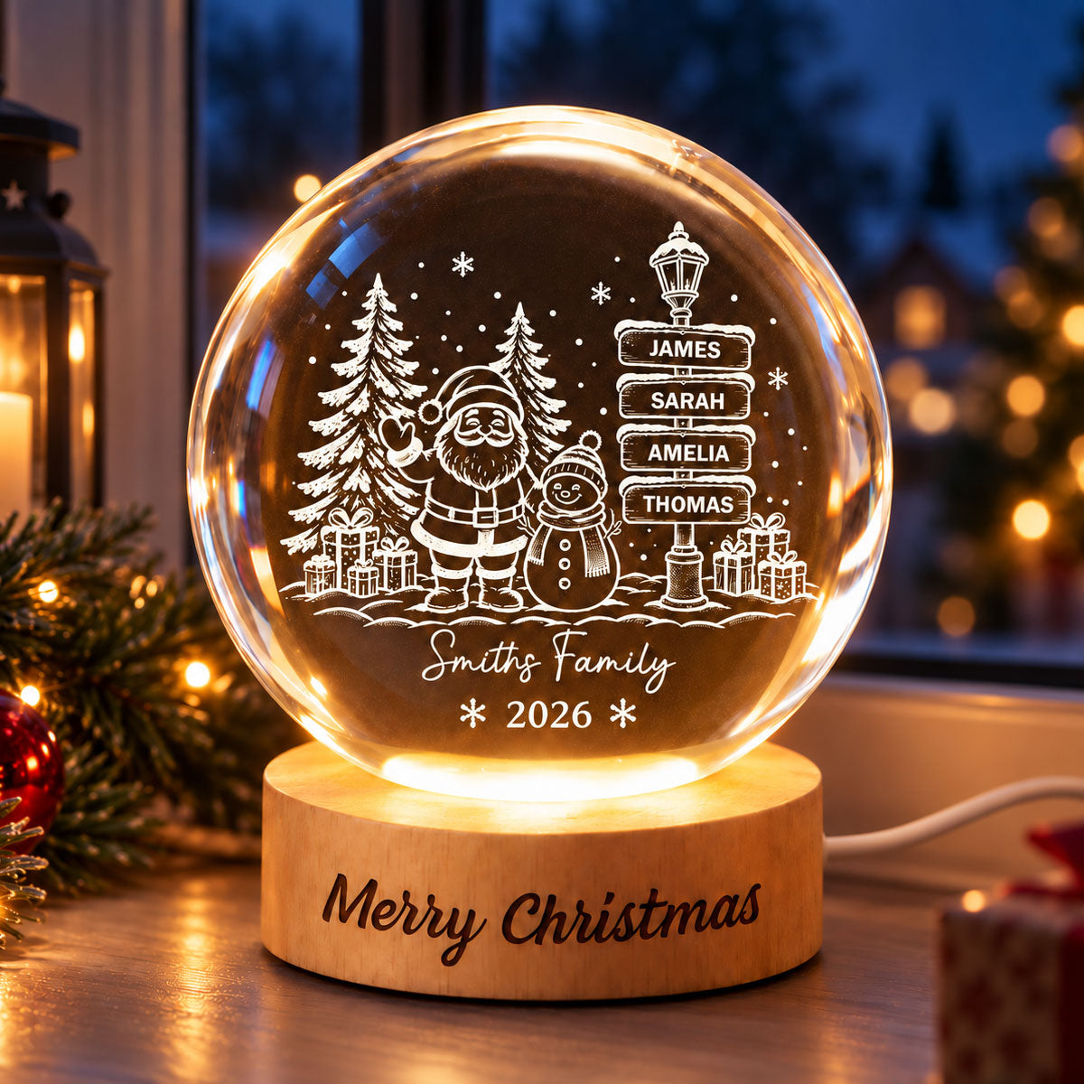 Family Name Sign Post - Personalized Crystal Ball LED Night Light - Christmas Decor for Family