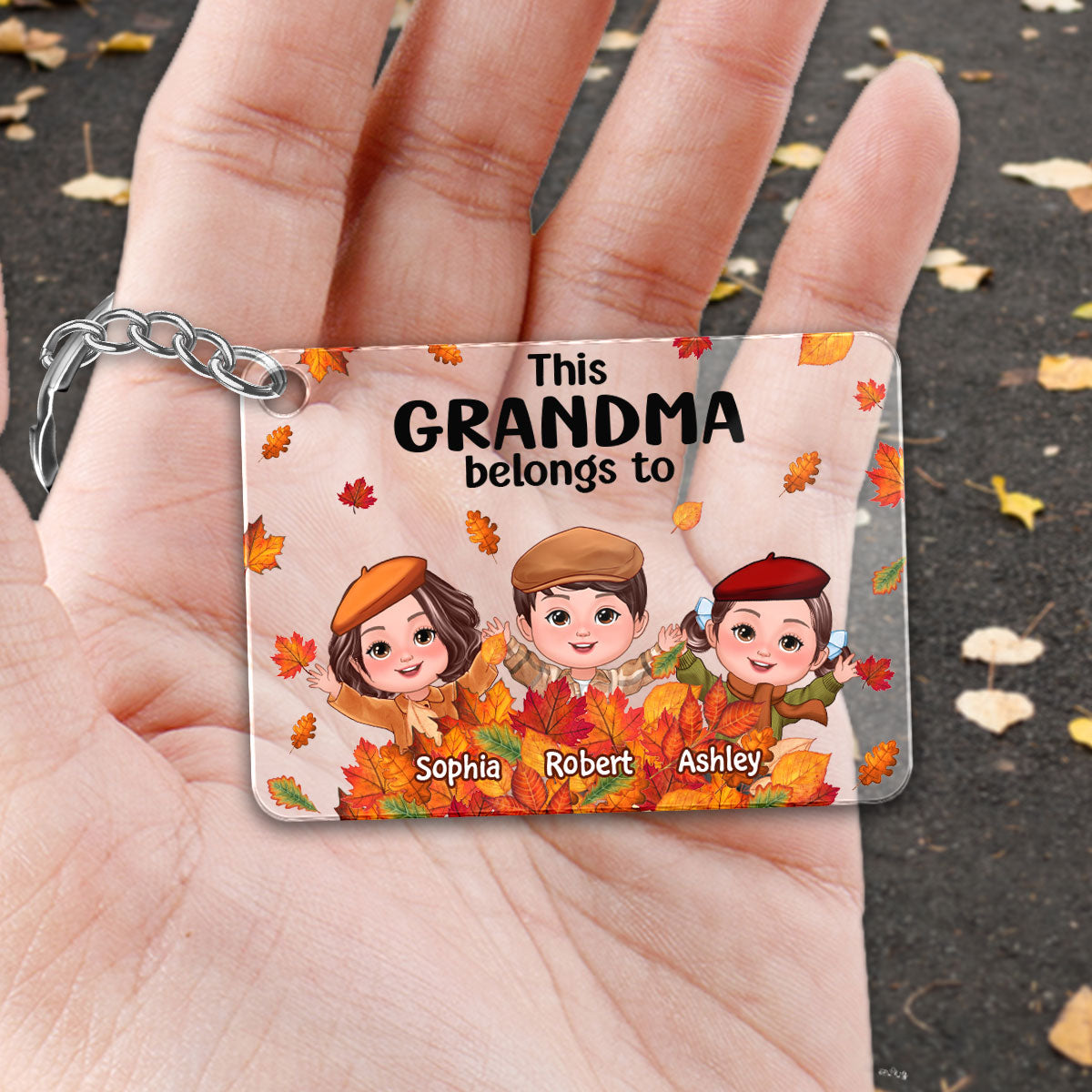 Fall Season Kids Playing In Leaf Pile Grandma Mom Personalized Acrylic Keychain
