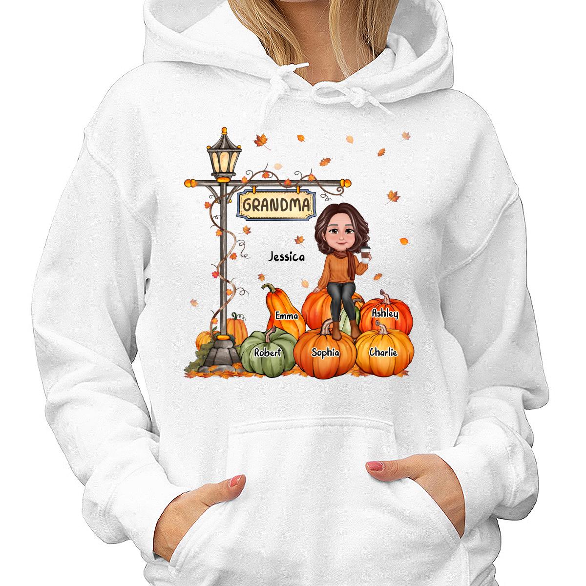 Grandma Mom Sitting On Pumpkin Under Lamp Post Fall Season Personalized Shirt