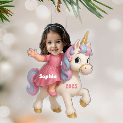 3D Effect Custom Kid Photo Face With Unicorn Christmas Personalized Acrylic Ornament