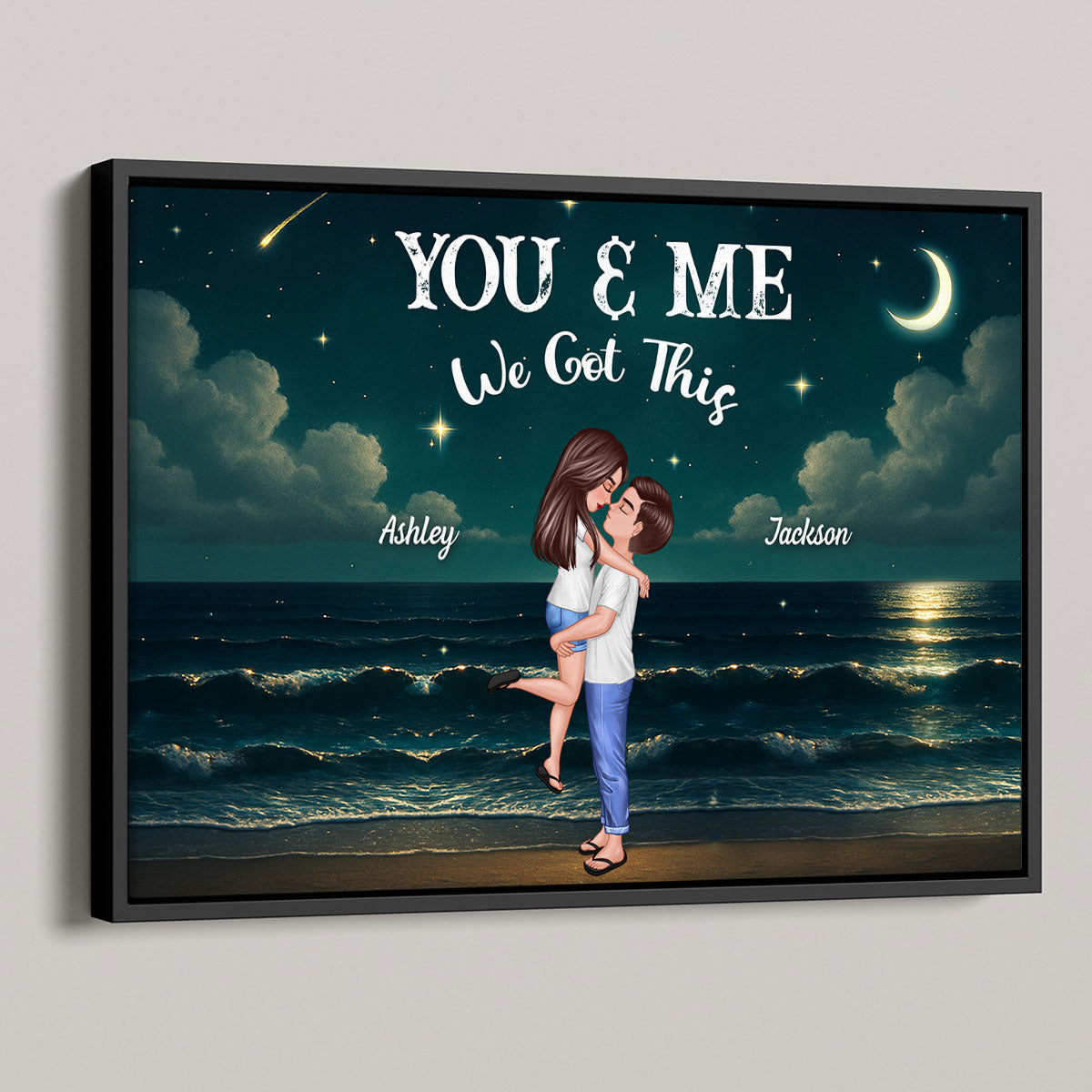 Night Beach Landscape Couple Hugging Kissing Personalized Poster, Unique & Meaningful Wall Art For Your Home