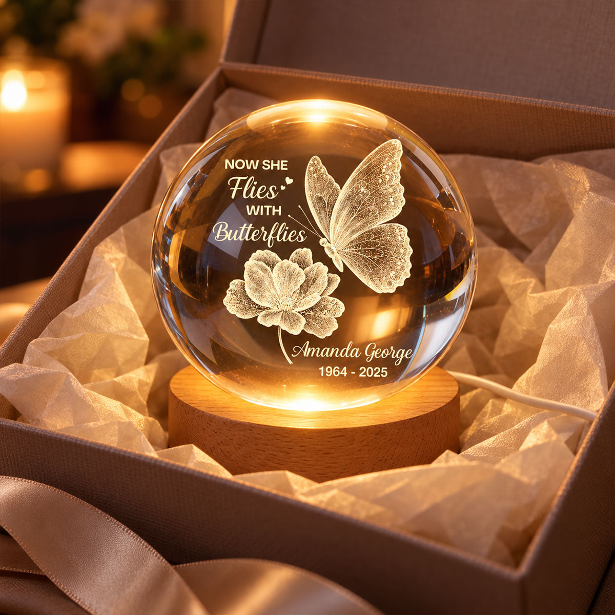 Now She Flies With Butterflies Memorial - Personalized Crystal Ball LED Night Light - Memorial Keepsake Remembrance Gift For Lost Loved Ones
