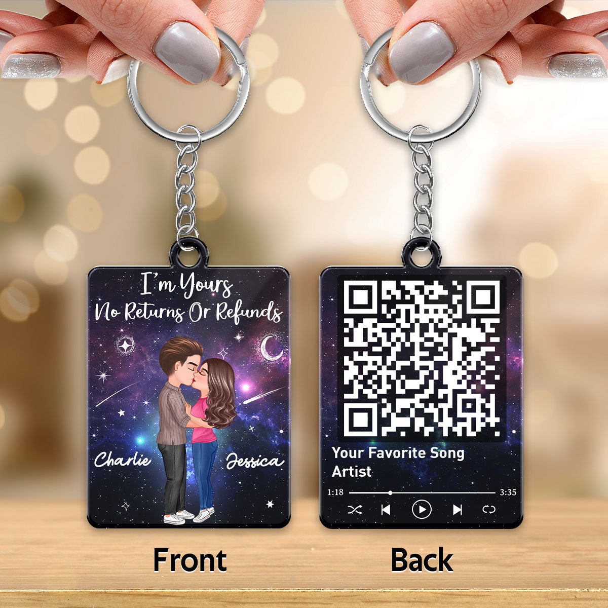 Couple Kissing In Galaxy Night Favorite Song Scannable QR Code - Personalized Acrylic Keychain - Anniversary Gift For Him, Gift For Her
