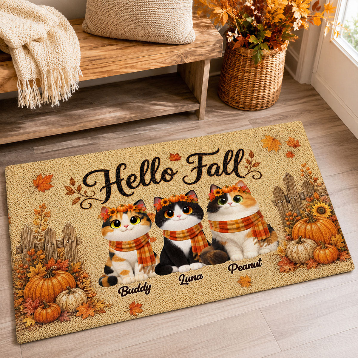 Cozy Warm Fall Season Hello Fall Cute Cats - Personalized Doormat - Fall Decor For Cat Lovers